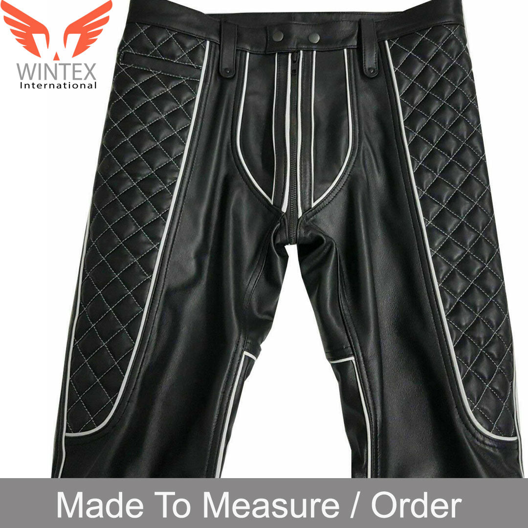 Men’s Real Leather Bikers Pants Quilted Leather Pants With Contrast Color Piping