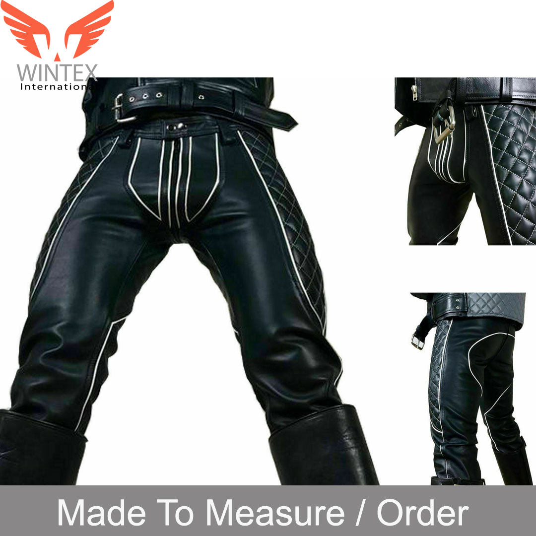 Men’s Real Leather Bikers Pants Quilted Leather Pants With Contrast Color Piping