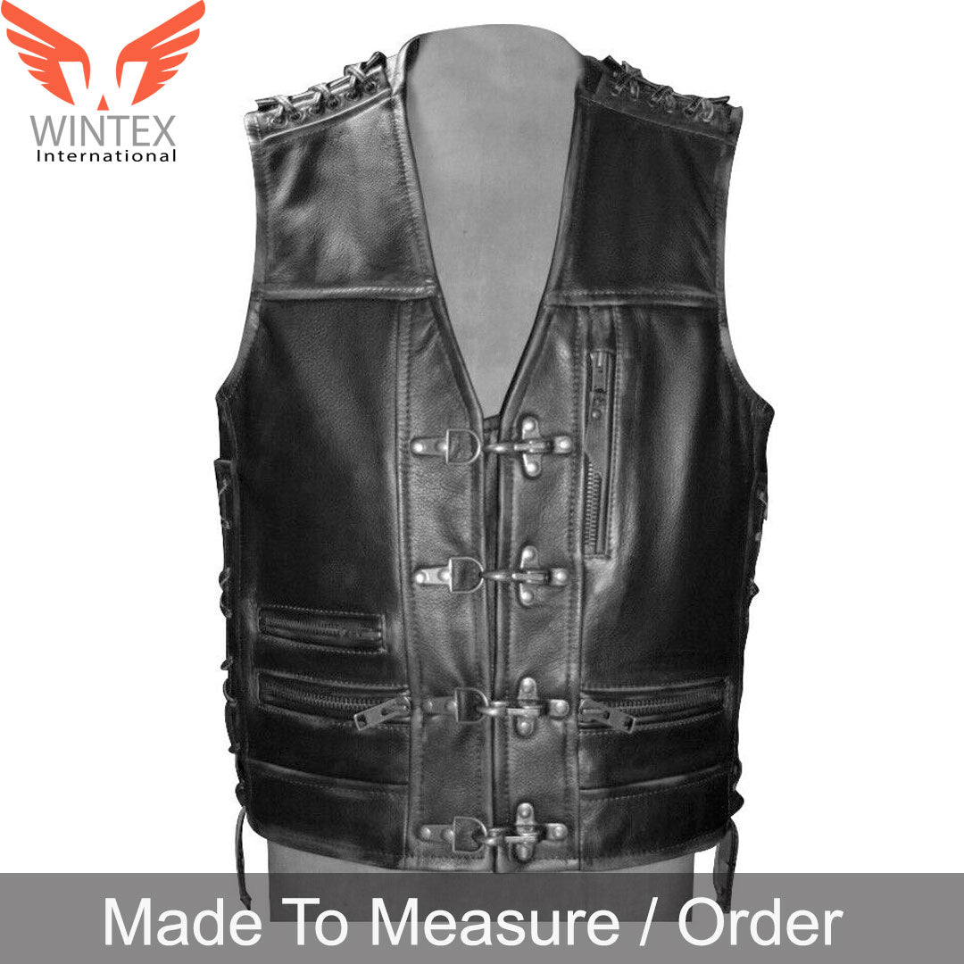 Men Real Cowhide Waxed Leather Bikers Vest Motorcycle Vintage Leather Vest