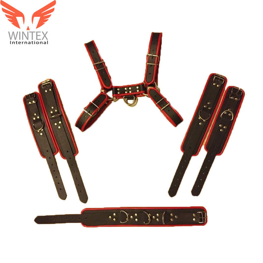 Men’s Real Nappa Leather Body Harness/ Mens Chest Harness With Red Piping + Restraints Set
