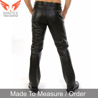 Men’s Real Cow Skin Natural Grain Leather Bikers Pants with Laces Up Front