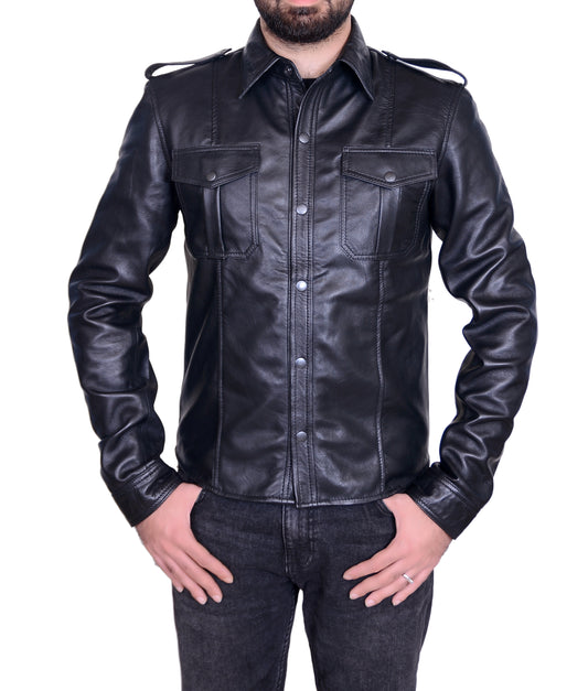Men's Real Lamb Leather Police Style Shirt Sexy Long Sleeves Leather Shirt