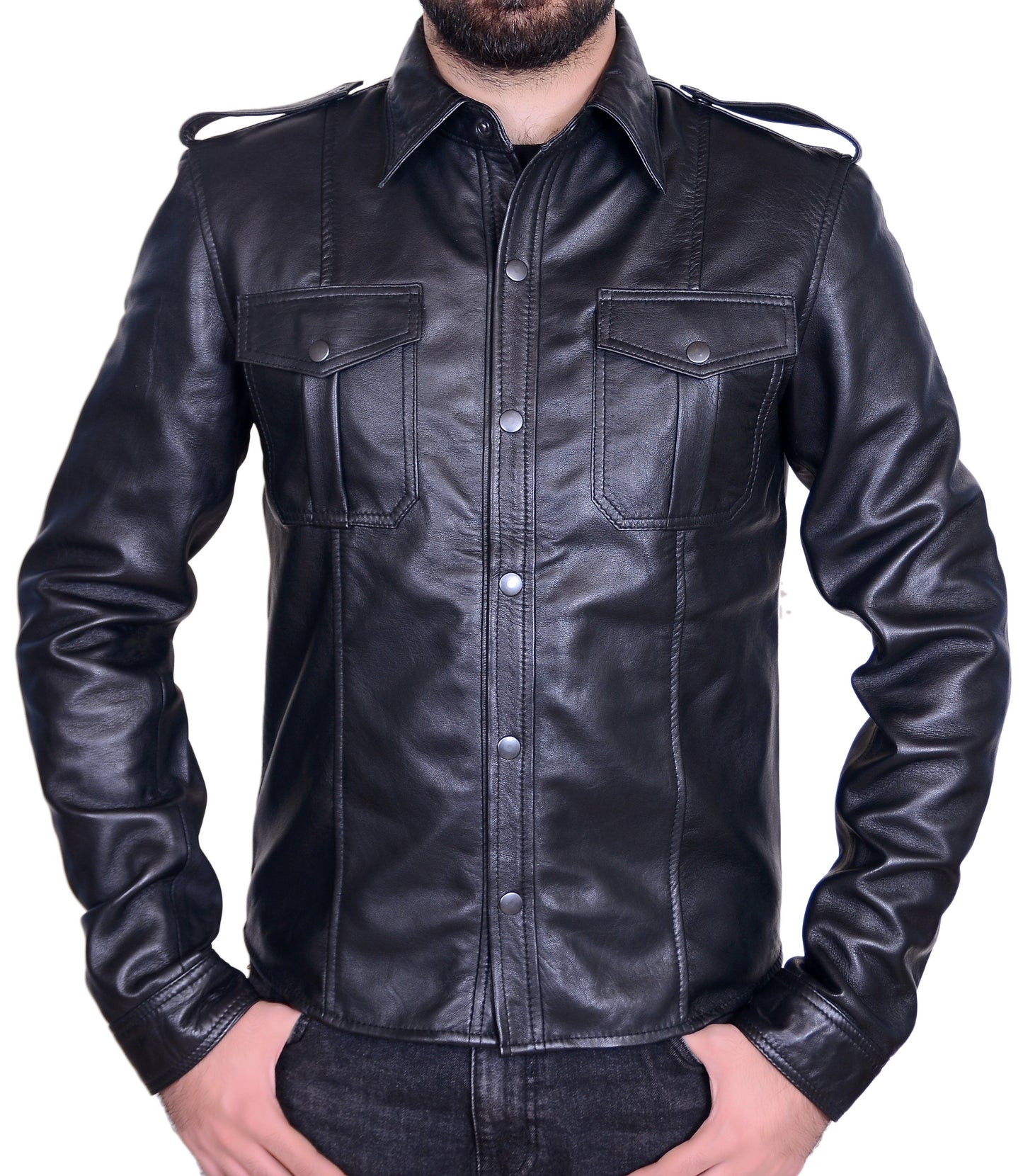 Mens Real Lamb Leather Police Style Long Sleeve Shirt