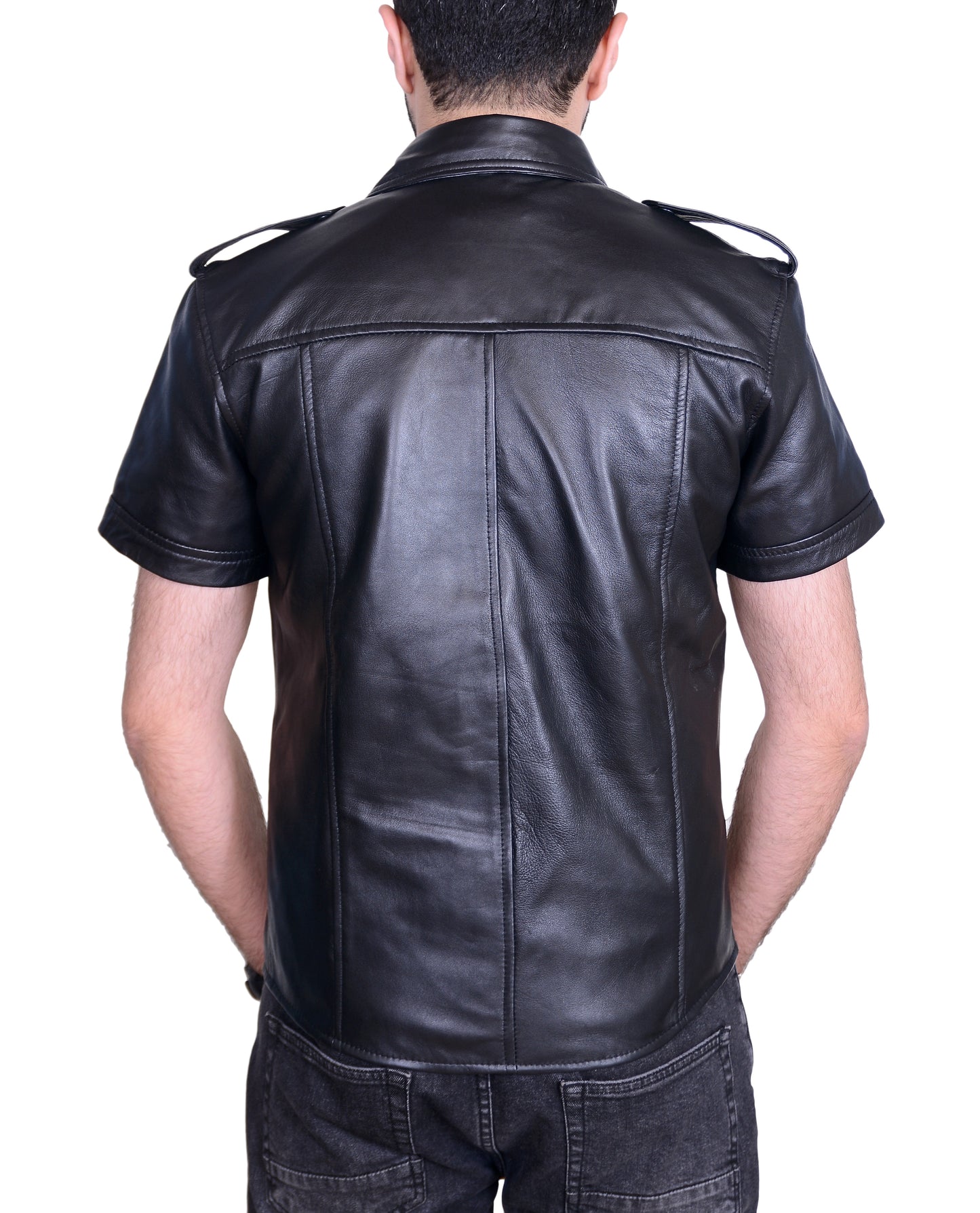Men's Real Lamb Leather Police Style Sexy Shirt Short Sleeves Leather Shirt