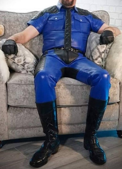 Men's Real Leather Quilted Panels Pants & Police Shirt Royal Blue BLUF Pants & Shirt