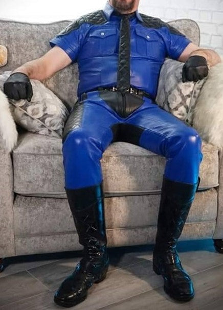 Men's Real Leather Quilted Panels Pants & Police Shirt Royal Blue BLUF Pants & Shirt