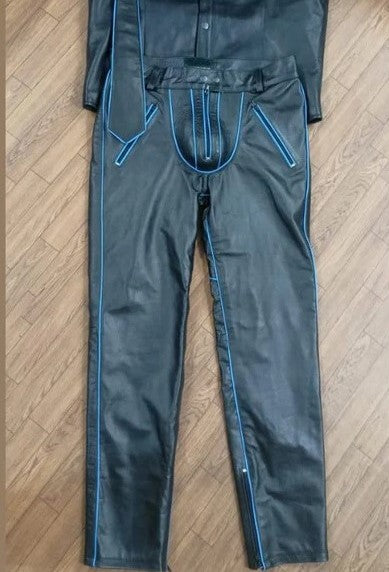 Men's Real Leather Police Uniform Set Pants, Shirt & Tie With Blue Piping