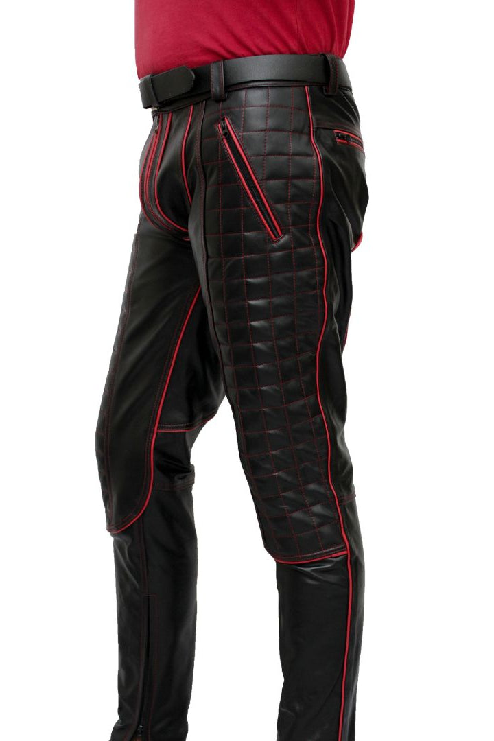Men's Cowhide Bikers Pants With Quilted Panels & Piping Bikers Pants / Bikers Trousers