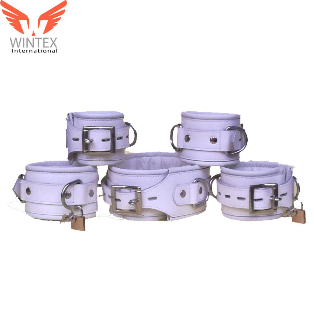 Genuine Leather 5 Pieces Heavy Duty Padded Bondage Restraint Set Free 5 Padlocks