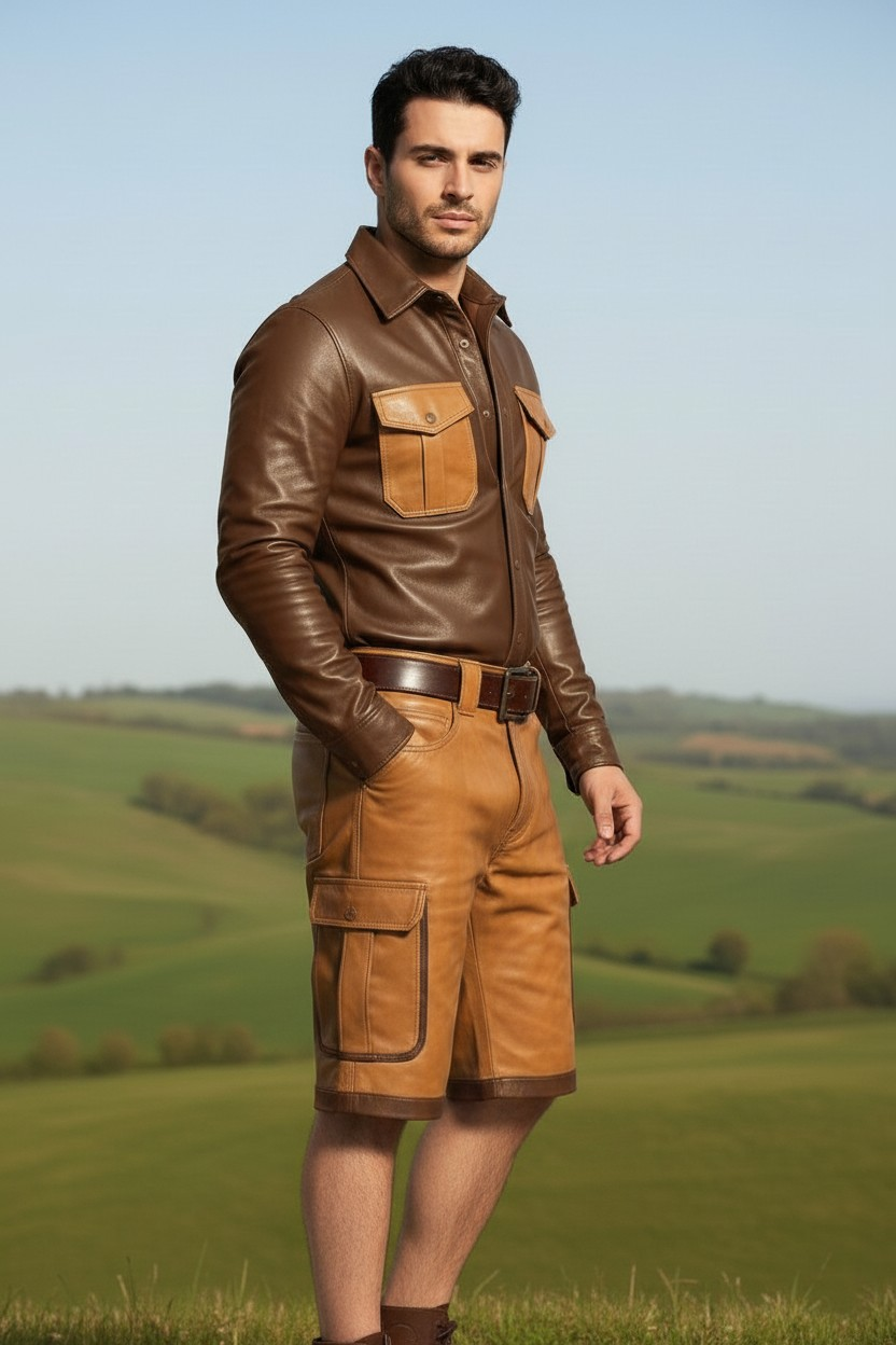Men's Real Vintage Lamb Leather Cargo Shorts & Long Sleeves Shirt Contrast Trims