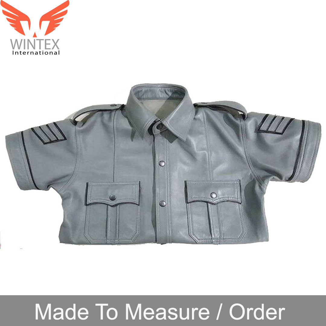 Men’s Real Leather Police Uniform Leather Shirt Grey Color Short Sleeve Shirt With Black Piping