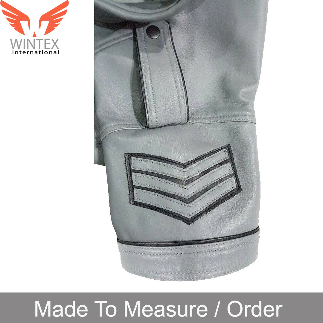 Men’s Real Leather Police Uniform Leather Shirt Grey Color Short Sleeve Shirt With Black Piping