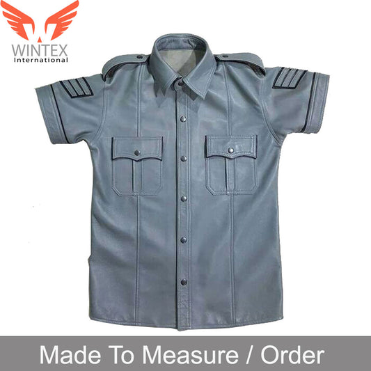 Men’s Real Leather Police Uniform Leather Shirt Grey Color Short Sleeve Shirt With Black Piping