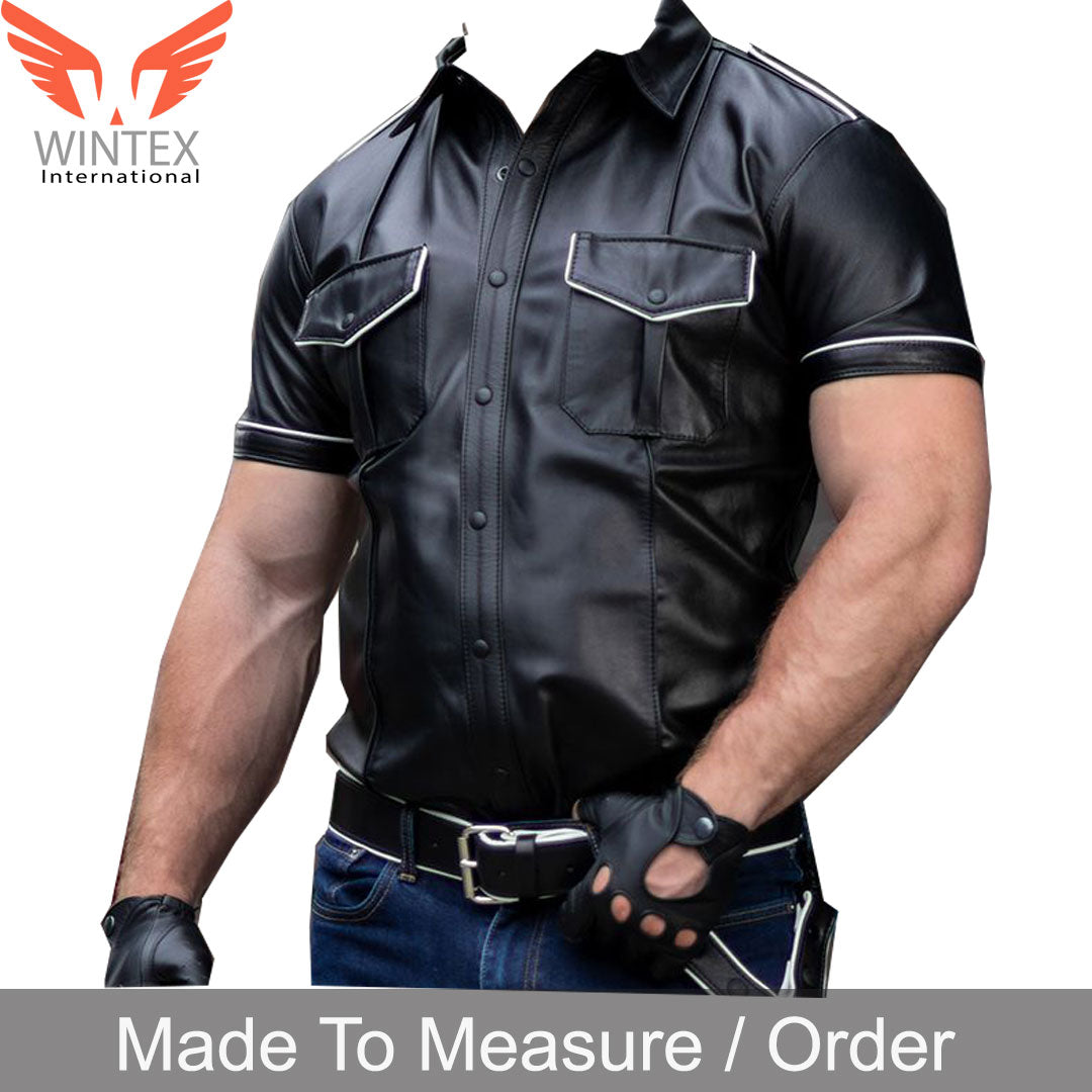 Men’s Real Lamb Leather Police Uniform Shirt Short Sleeves Shirt With White Piping