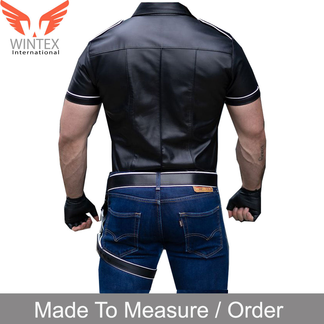 Men’s Real Lamb Leather Police Uniform Shirt Short Sleeves Shirt With White Piping