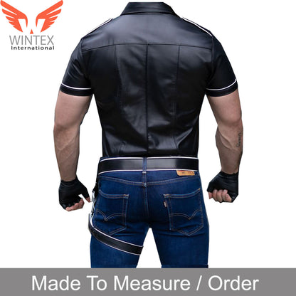 Men’s Real Lamb Leather Police Uniform Shirt Short Sleeves Shirt With White Piping