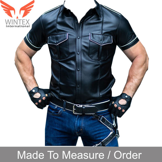 Men’s Real Lamb Leather Police Uniform Shirt Short Sleeves Shirt With White Piping
