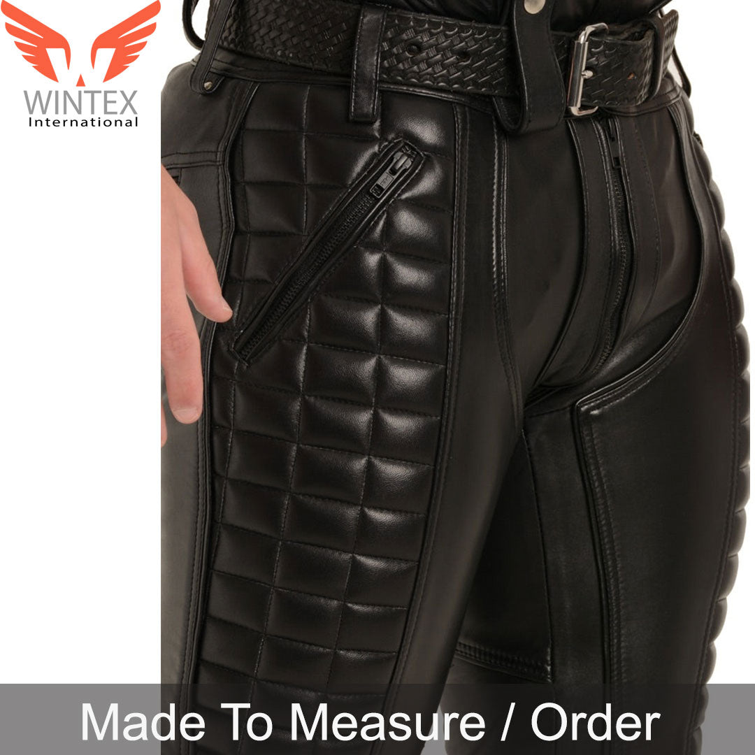 Genuine Natural Grain Cowhide Leather Quilted Panels BLUF Pants Bikers Pants