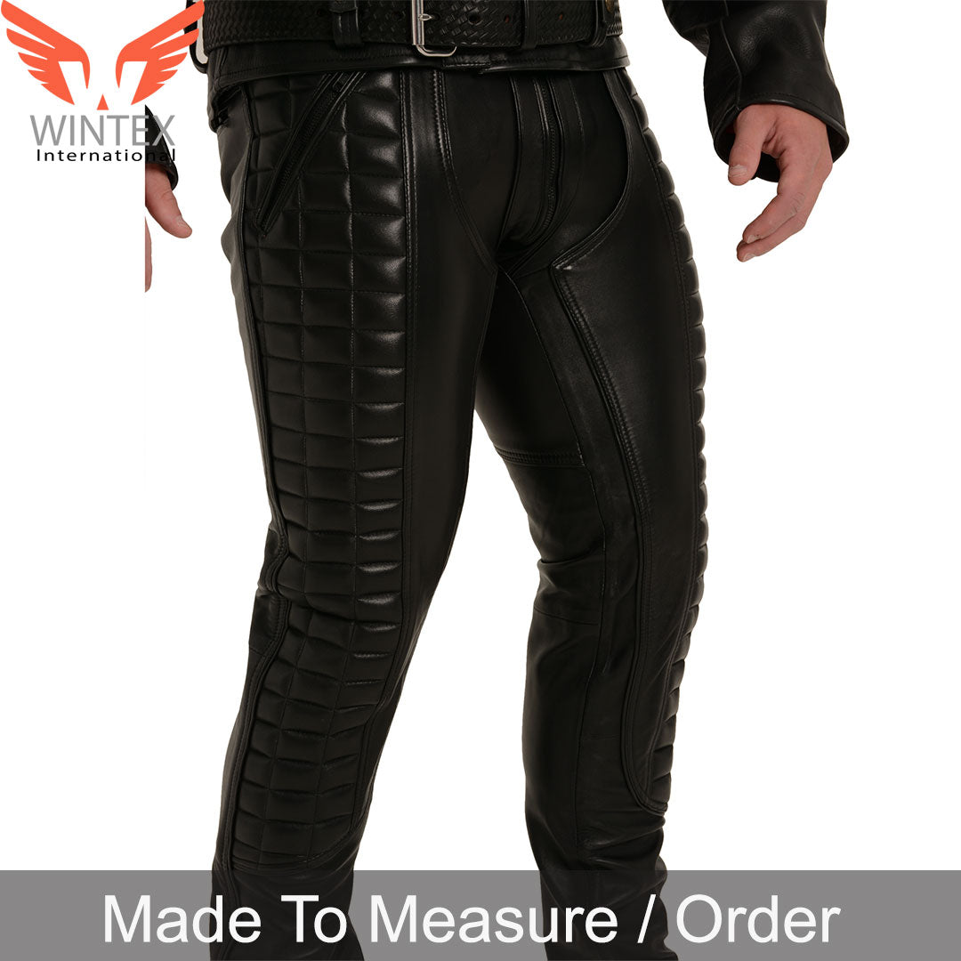 Genuine Natural Grain Cowhide Leather Quilted Panels BLUF Pants Bikers Pants