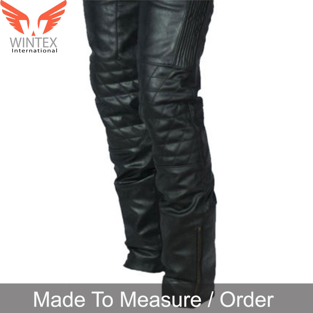 Men’s Real Cowhide Leather Bikers Pants Leather Quilted Panels Bikers Pants