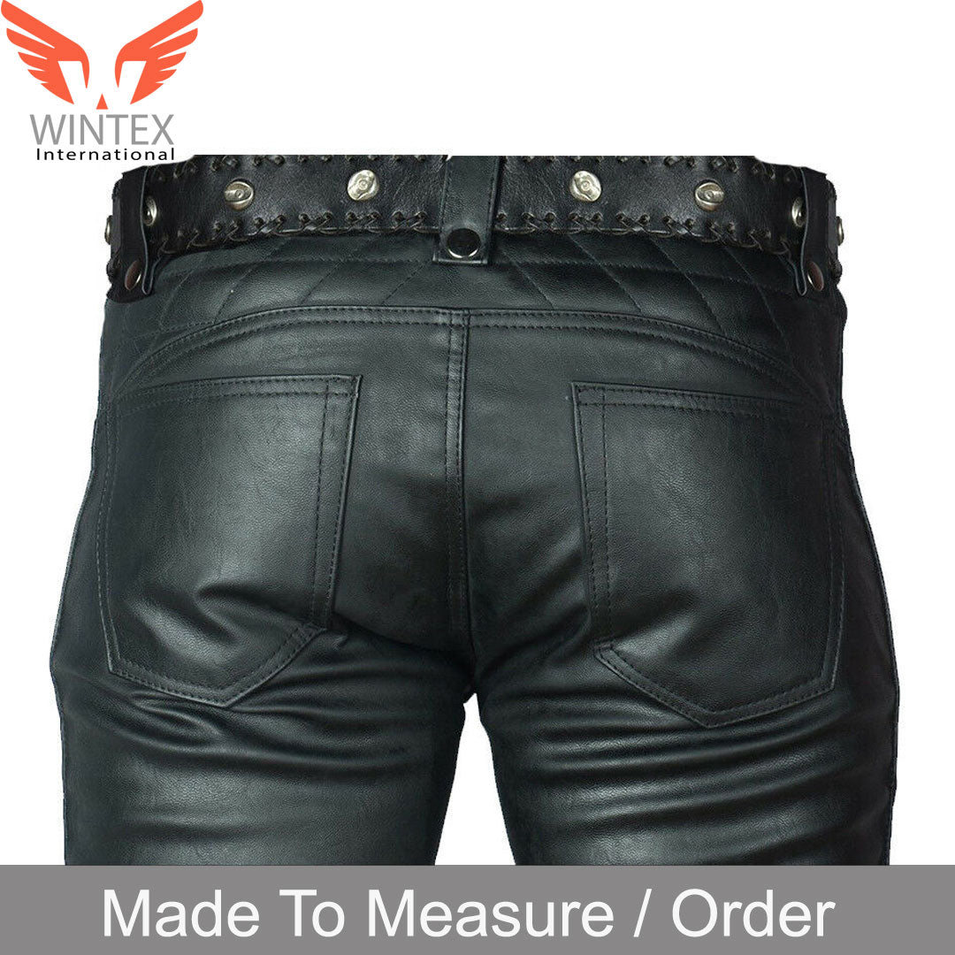 Men’s Real Cowhide Leather Bikers Pants Leather Quilted Panels Bikers Pants