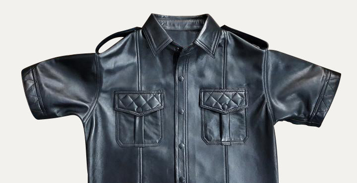 Men's Real Lamb Leather Police Shirt Quilted Panels Gay Leather Shirt