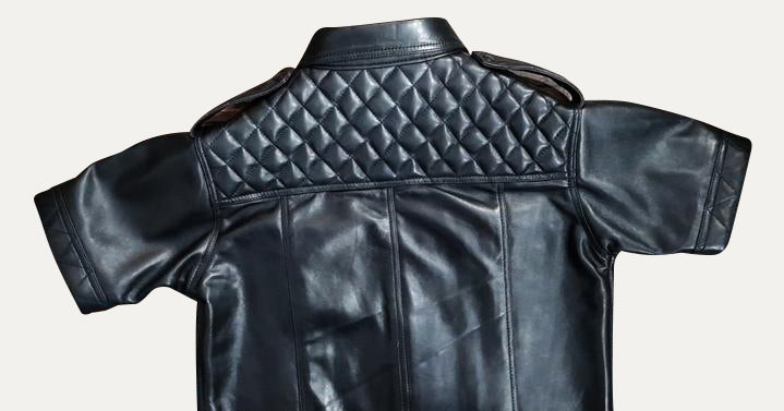 Men's Real Lamb Leather Police Shirt Quilted Panels Gay Leather Shirt