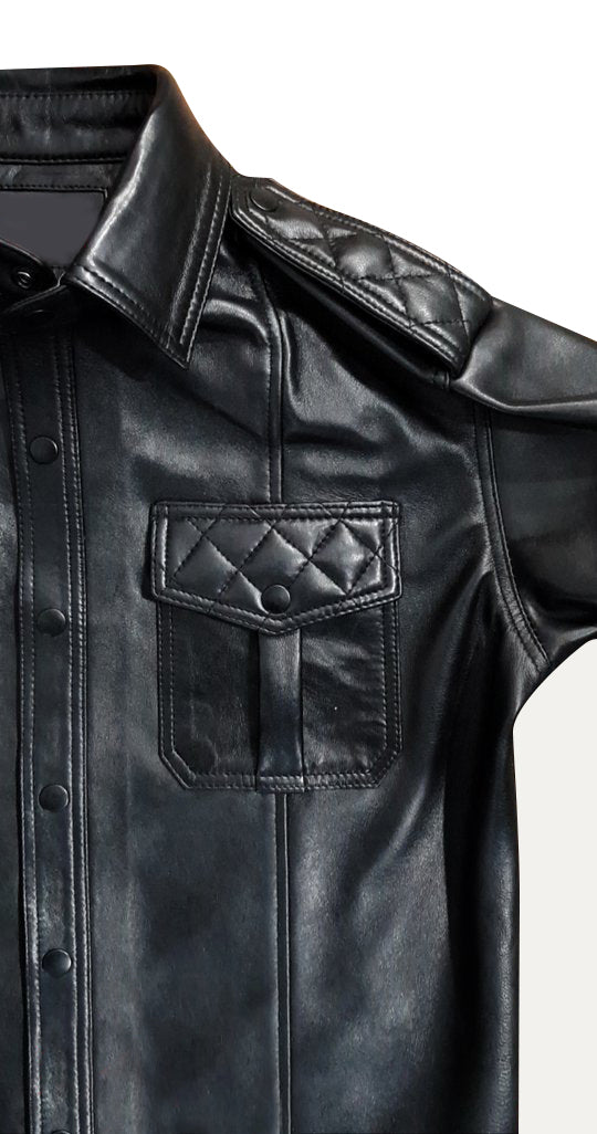 Men's Real Lamb Leather Police Shirt Quilted Panels Gay Leather Shirt