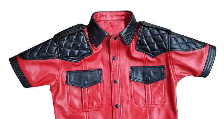 Men's Real Lamb Leather Police/Military Style Quilted Panels Short Sleeve Shirt