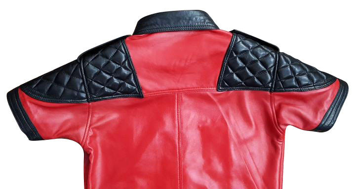 Men's Real Lamb Leather Police/Military Style Quilted Panels Short Sleeve Shirt