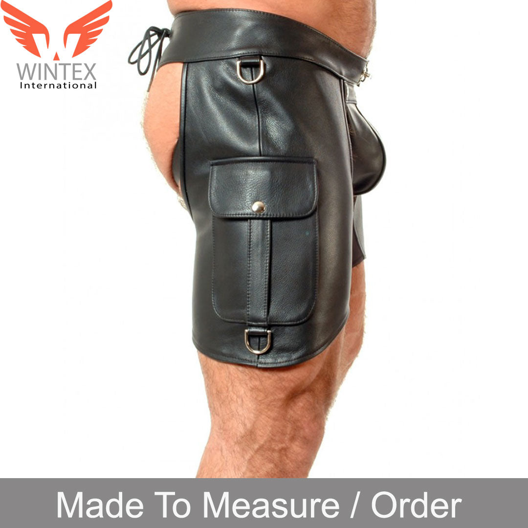 Men’s Real Cowhide Unique Style Black Leather Chaps Leather Chaps With Jock Strap