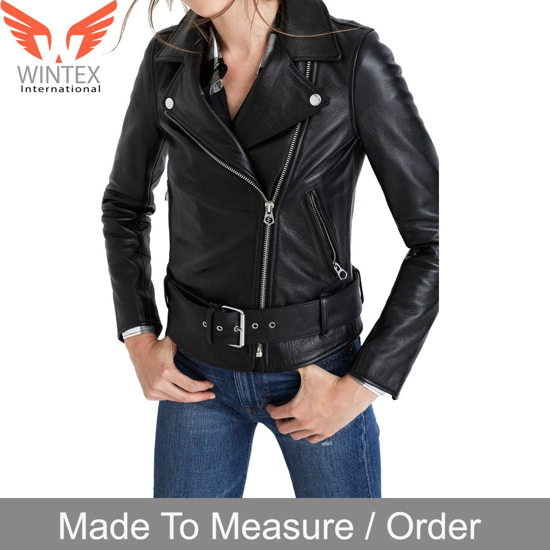 Women’s Real Lamb Bikers Jacket With Waist Belt Leather Bikers Jacket