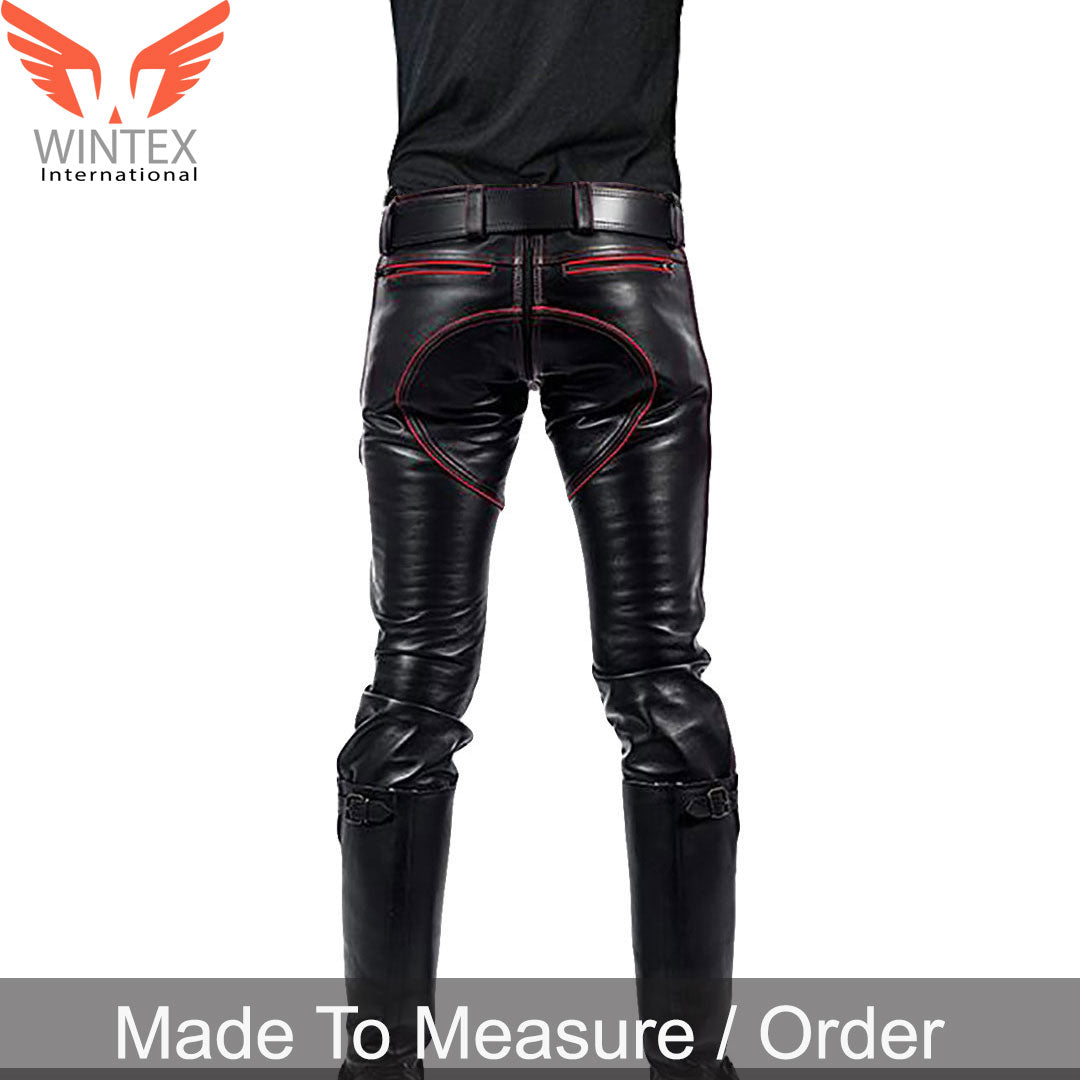 Men’s Real Leather Bikers Pants With Quilted Panels And Color Piping BLUF Pants
