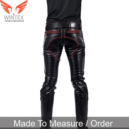 Men’s Real Leather Bikers Pants With Quilted Panels And Color Piping BLUF Pants