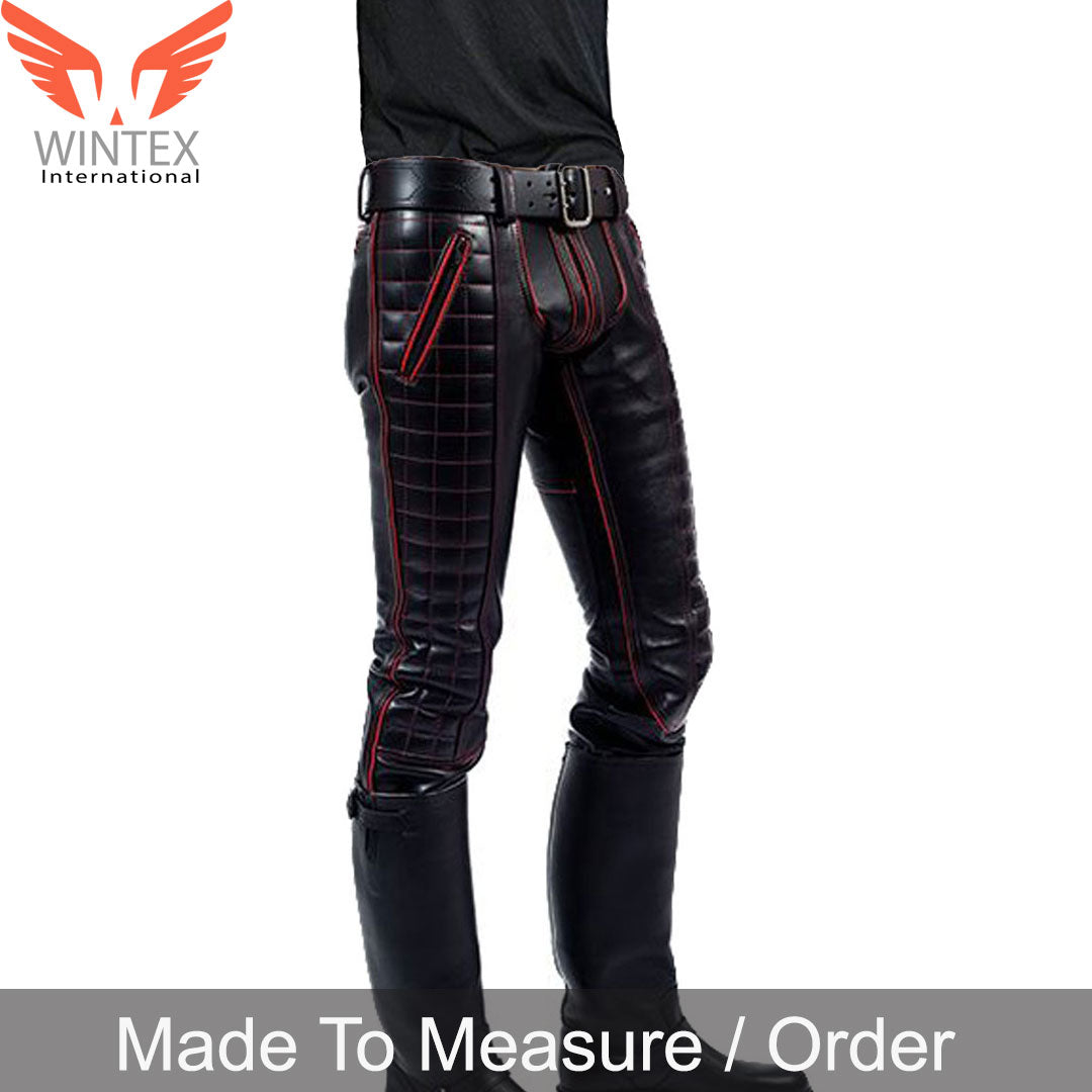 Men’s Real Leather Bikers Pants With Quilted Panels And Color Piping BLUF Pants