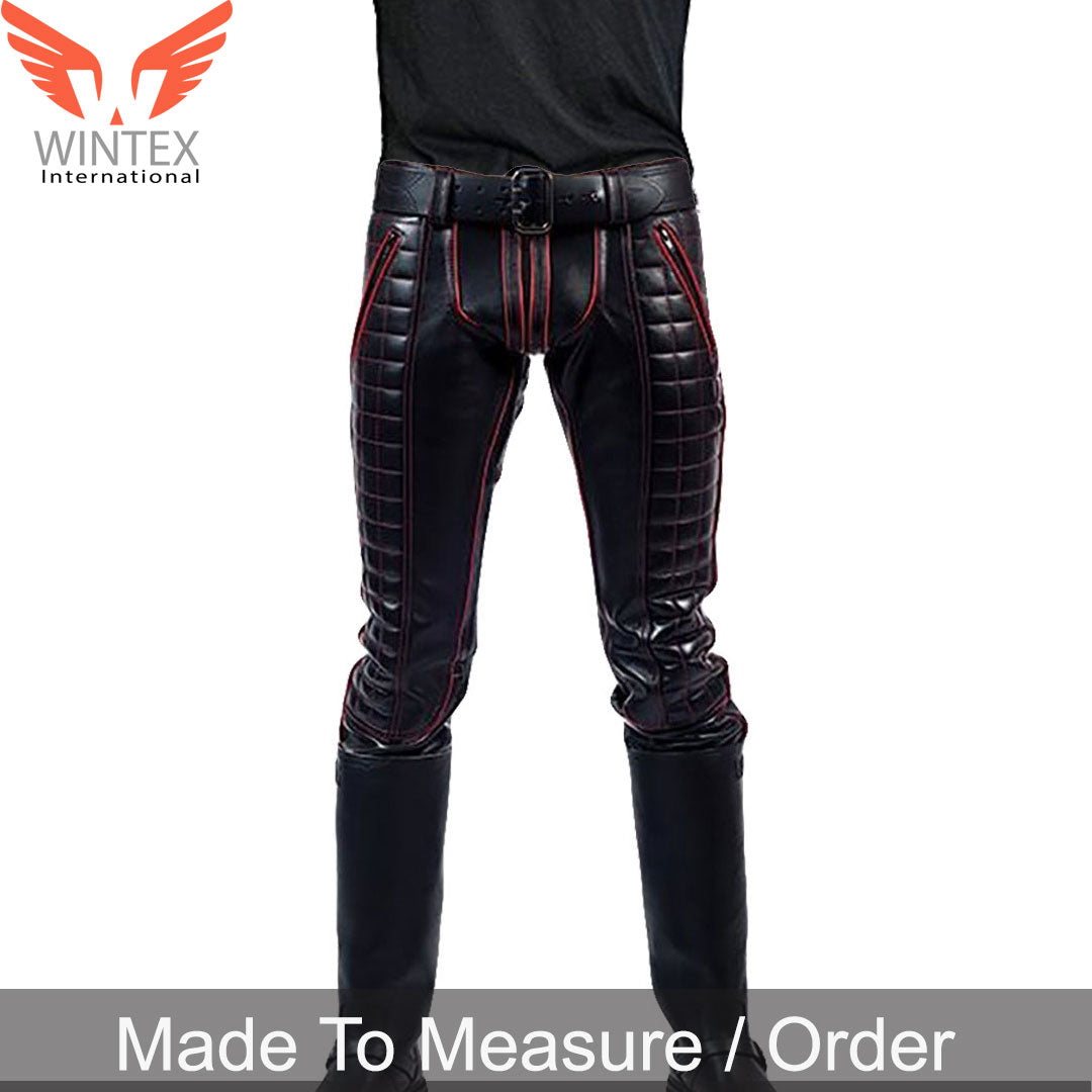Men’s Real Leather Bikers Pants With Quilted Panels And Color Piping BLUF Pants