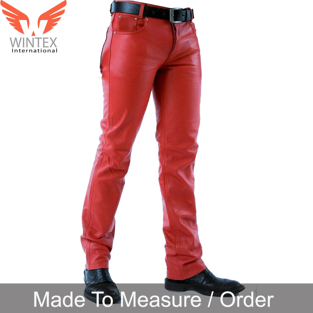Men’s Real Leather Bikers 5 Pockets Pants Red Leather 5 Pockets Leather Pants