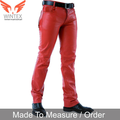 Men’s Real Leather Bikers 5 Pockets Pants Red Leather 5 Pockets Leather Pants