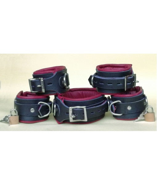Real Leather 5 Pieces Heavy Duty Padded Bondage Restraint Set With Free Padlocks