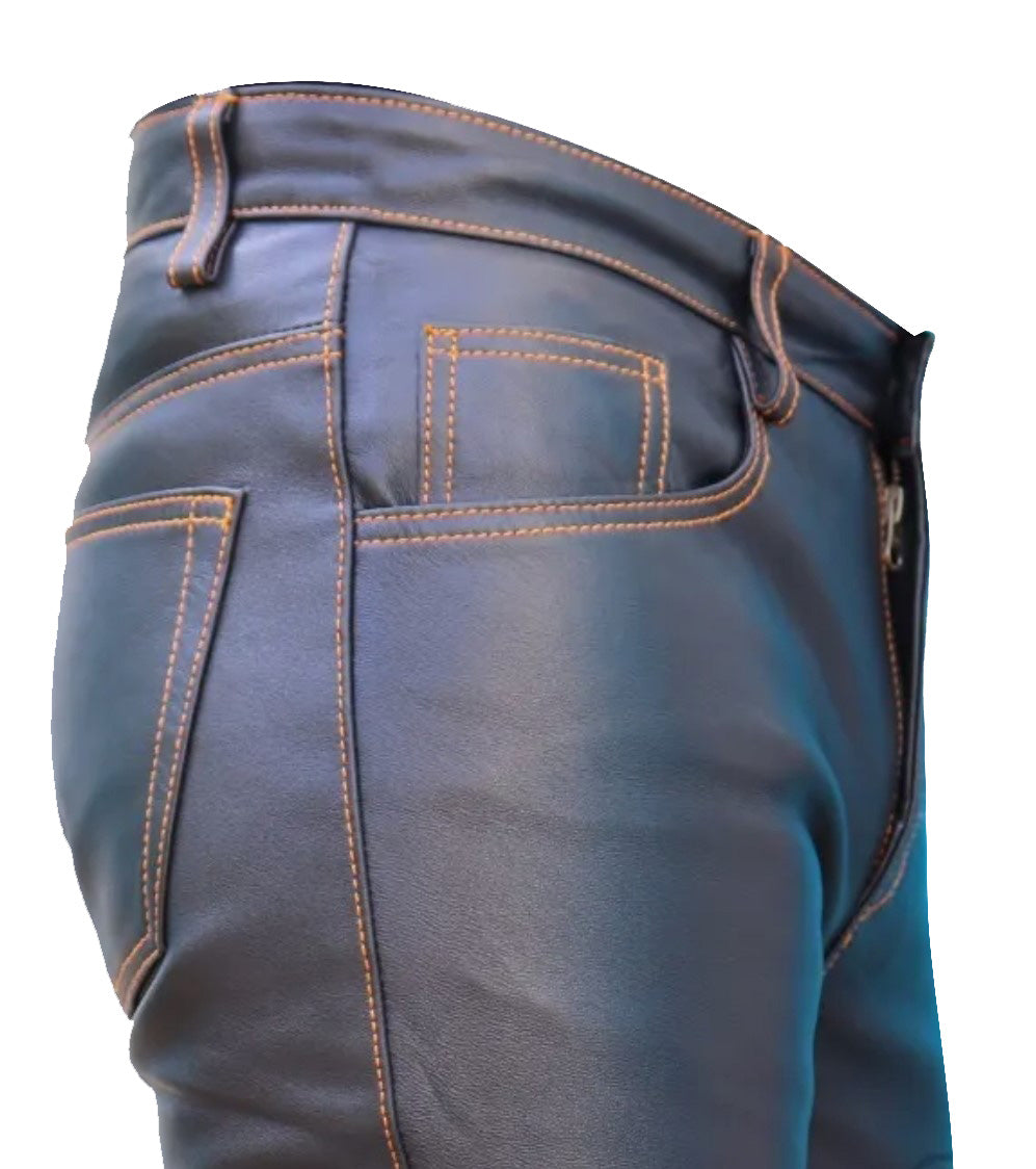 Men’s Real Cow Leather 501 Bikers Pants Leather Slim Fit 5 Pockets Pants