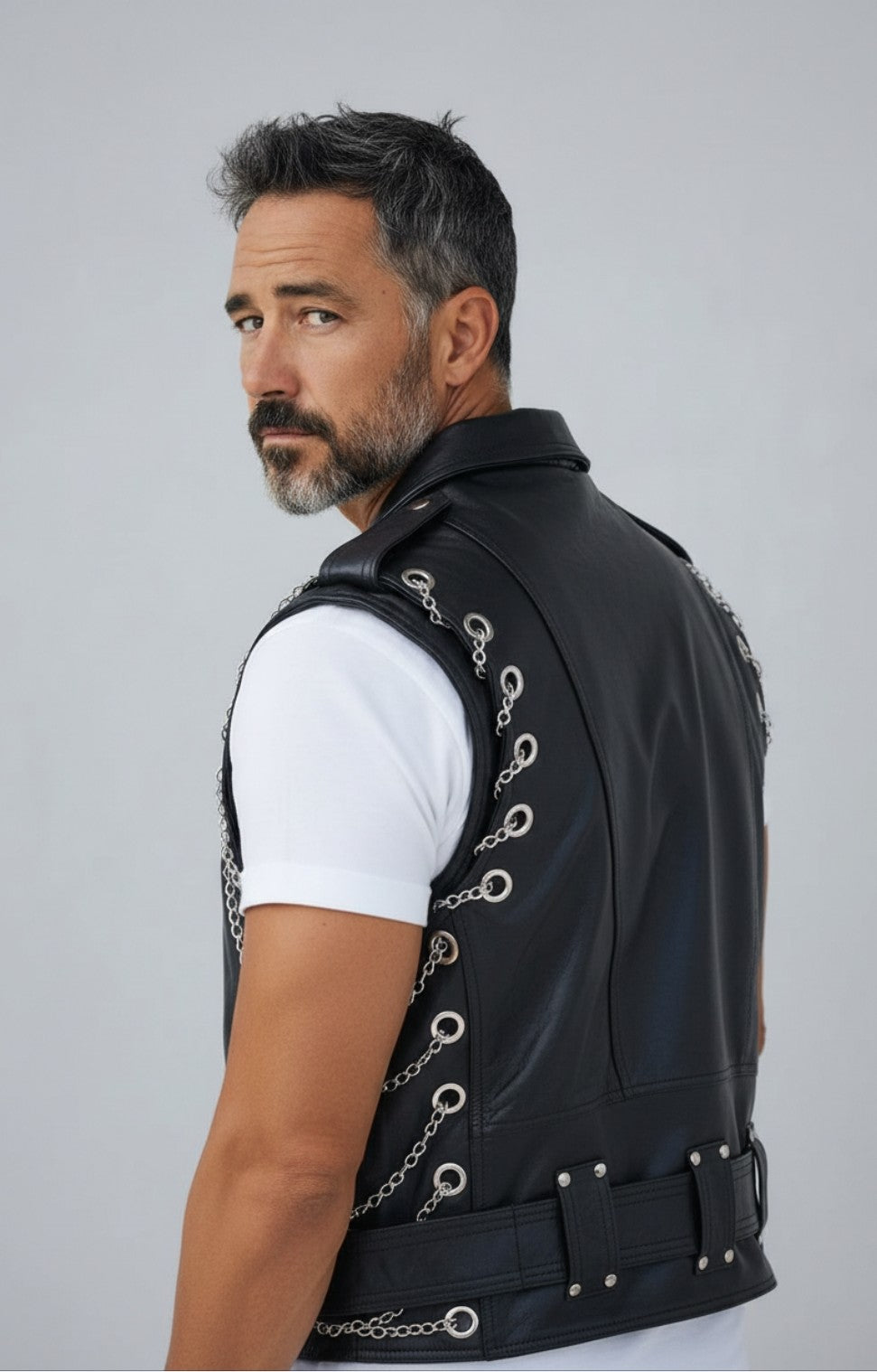 Men's Real Leather Bikers Vest Brando Vest With Metal Chains Bikers Leather Vest