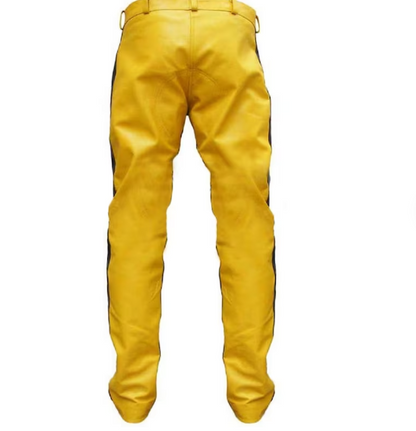 Men's Real Leather Bikers Pants Quilted Panels With Stripes & Piping
