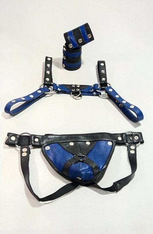 Men’s Leather Chest Harness Jockstrap Wristbands Set Multi Adjustment Fitting Blue & Black