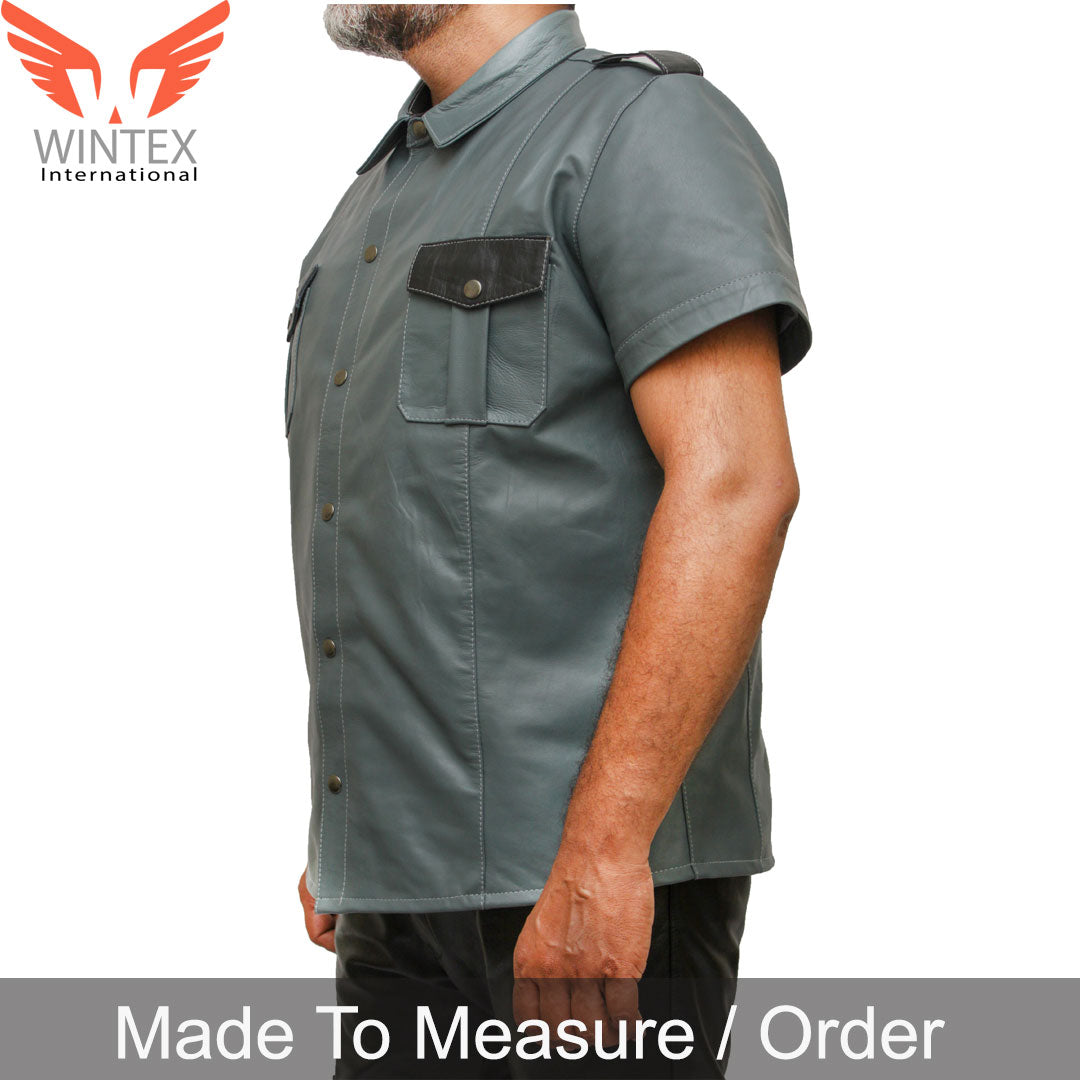Men’s Real Leather Police Uniform Shirt Short Sleeve Gray With Black Leather Shirt