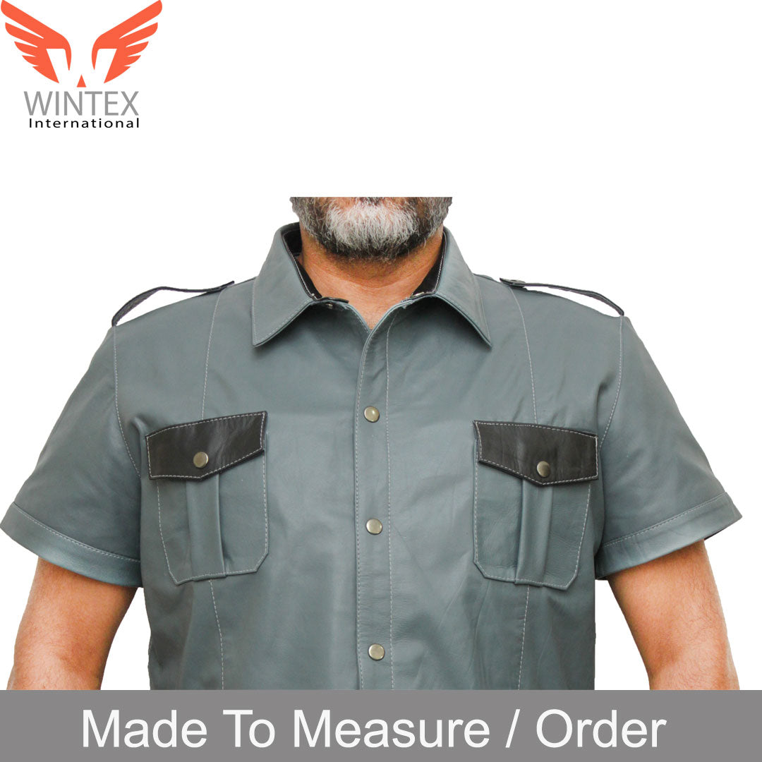 Men’s Real Leather Police Uniform Shirt Short Sleeve Gray With Black Leather Shirt