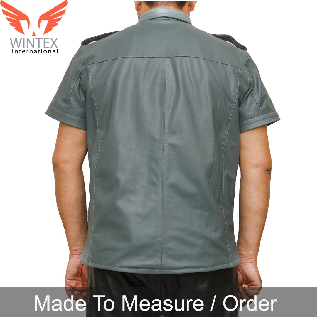 Men’s Real Leather Police Uniform Shirt Short Sleeve Gray With Black Leather Shirt