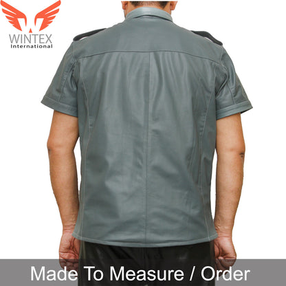 Men’s Real Leather Police Uniform Shirt Short Sleeve Gray With Black Leather Shirt