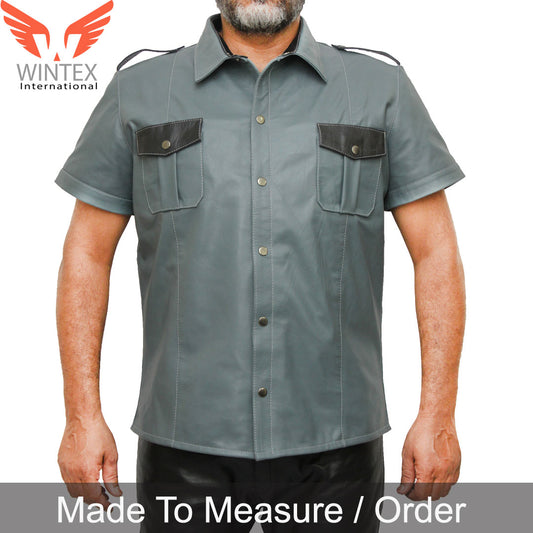 Men’s Real Leather Police Uniform Shirt Short Sleeve Gray With Black Leather Shirt