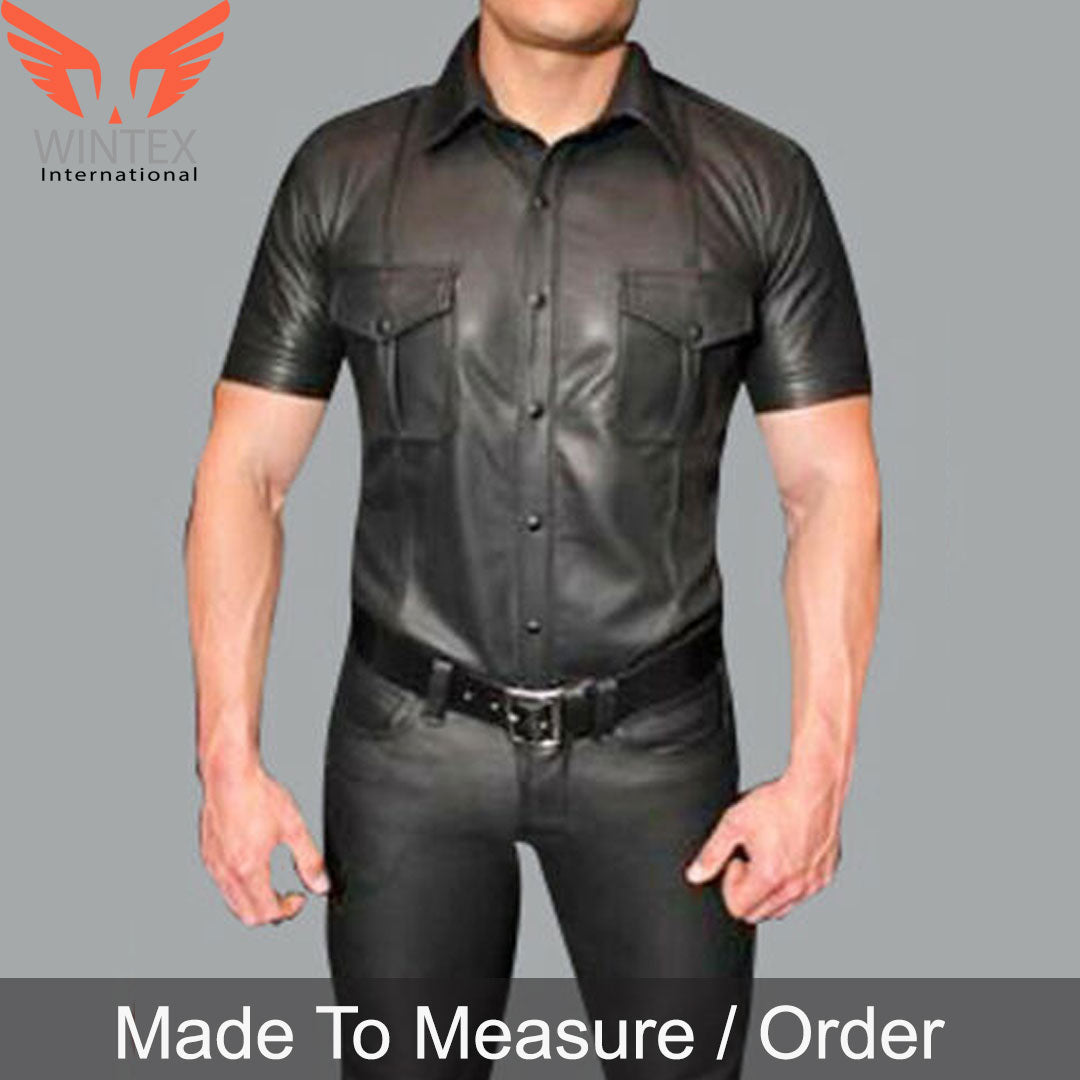 Men’s Real Lamb Leather Police Uniform Shirt Sexy Short Sleeve Leather Shirt