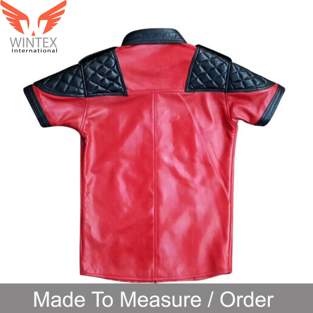 Men’s Real Lamb Leather Quilted Panels Short Sleeve Police Shirt Bluf Shirt